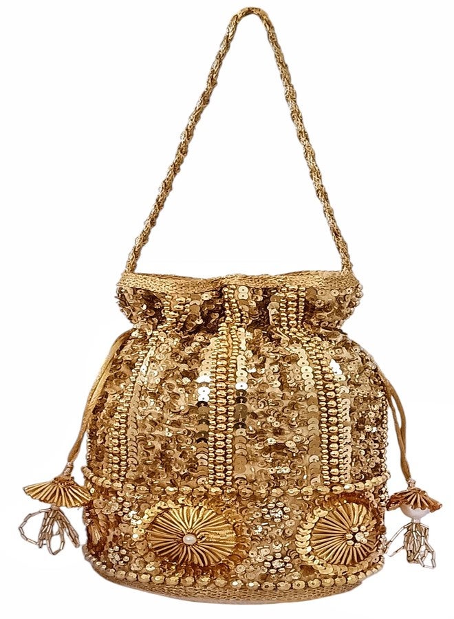 DUCHESS Sequin Potli Bag for Women | Bridal Wedding Potli Purse | Designer Handcrafted Ethnic Batua | Stylish Festive Potli Bag with Bead & Embroidery Work for Parties & Return Gifts (Golden) - Image 5